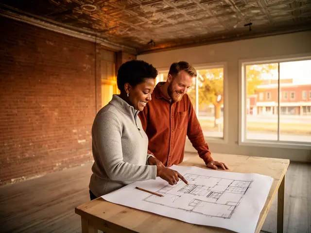Two business partners looking over a pencil floor sketch in an empty storefront.